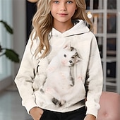 billiga Flickans 3D-djur-Flickor 3D Katt Huvtröja Långärmad Höst Vinter Mode Förtjusande Grundläggande Barn 4-12 år Huva Utomhus Ledigt Dagligen Normal