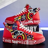 お買い得  カジュアルスニーカー-大胆なデザインのメンズの赤と白のグラフィックハイトップスニーカー。カジュアルな外出、パーティー、普段使いにぴったりのトレンディなストリートスタイル。