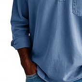 お買い得  カジュアルヘンリーTシャツ-男性用 ヘンリーシャツ Tシャツ コットン100% アシッドウォッシュシャツ ヘンリートップ 長袖 純色 平織り ヴィンテージ ファッション レトロ風 色褪せた ボタン ヘンリー カジュアル 日常 アウトドア 夏 春 オールシーズン ブルー ダークレッド ブラック ヘンリーTシャツ