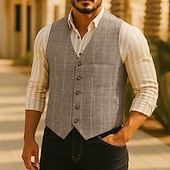 preiswerte Herrenweste-Herren Weste Tweedweste Formell Hochzeit Urlaub Lässig Mode Klassisch Frühling Herbst Tasche Knöpfe Polyester Webfaser Bequem Karomuster Einreihig V Ausschnitt Normale Passform Schwarz Champagner