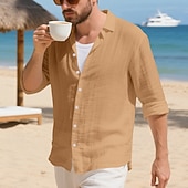 preiswerte Baumwoll-Leinenhemd-Herren Hemd Leinenhemd Freizeithemd Knopfhemd Baumwollhemd Einfach Urlaub Hawaiianisch Schwarz Weiß Gelb Marineblau Langarm Revers Frühling Herbst Bekleidung