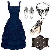 preiswerte Outfits-Gotisch Renaissance Steampunk Kleid Zubehörset Gothic Mädchen Kostüm Damen Fantasie Halloween Karneval Leistung Party Renaissance-Messe Erwachsene Kleid Ohrringe Halskette