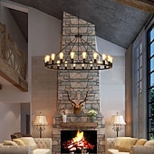 olcso Gyertya-led csillár fekete kerekeken 20 fényes nagy kerek rusztikus vidéki csillár ipari lámpatest étkezőbe nappali konyha sziget előtér előszoba