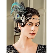 رخيصةأون إكسسوارات تنكرية-مجموعة مجوهرات نسائية من طراز جاتسبي فلابر من عشرينيات القرن العشرين - عصابة رأس من ريش الطاووس، سوار من اللؤلؤ، أقراط، قلادة، وقفازات للحفلات الكلاسيكية والملابس المسائية