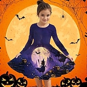 tanie Dziewczęce kostiumy na Halloween-Halloween Dziewczyny &#039; 3D Dynia Sukienka Długi rękaw Lato Wiosna Urlop Codzienny Święto Księżniczka Piękny Słodkie Dzieci 4-12 lat Codzienne sukienki Sukienka A line Do kolan Regularny