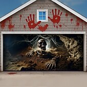  Halloween Garage Door Cover Skull Coffin and Spider Web Banner Haunted House Horror Scene Spooky Backdrop Tapestry for Outdoor Wall Fence Yard Halloween Party Decoration