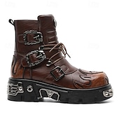 economico Stivali da motociclista-stivali da motociclista punk con lacci, fibbie e dettagli in metallo, con plateau e fiamme gotiche marroni da uomo per feste di Halloween, cosplay horror e festival a tema