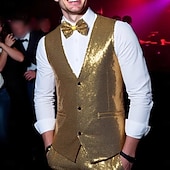 economico Abiti da festa-gilet da uomo con scollo a V, tinta unita, nero, argento e oro, vestibilità su misura