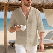 preiswerte Baumwoll-Leinenhemd-Herren Hemd Leinenhemd Freizeithemd Knopfhemd Baumwollhemd Einfach Urlaub Hawaiianisch Schwarz Weiß Gelb Marineblau Langarm Revers Frühling Herbst Bekleidung