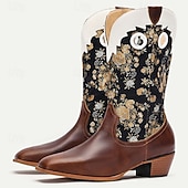 levne Cowboy &amp; Western Boots-Pánské kovbojské boty se zlatou květinovou výšivkou – klasické westernové boty do půli lýtek na rodeo, country koncerty a venkovní akce