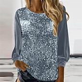 abordables Hauts habillés-Femmes T-shirt Couleur Unie ancien Mode Élégant manche longue Col ras du cou Col rond Hauts Réguliers Quotidien Week-end Paillettes Patchwork Gris Printemps Automne