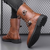 tanie Buty bojowe-czarne, męskie, sznurowane buty bojowe ze sztucznej skóry z wytrzymałą podeszwą, masywnym designem i wojskowym stylem – idealne dla motocyklistów, miłośników mody punkrockowej i osób lubiących swobodny wypoczynek