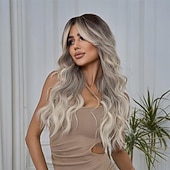 cheap Party Wigs-Women Long Ombre Grey Wavy Wigs with Black Root 26 Inch Wigs Natural Looking Synthetic Heat Resistant Fiber Wig for Daily Party Use
