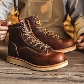 cheap Premium Leather Boots-Men&#039;s Classic Brown Moc Toe Boots with Lace-Up Design and Stitched Sole, Comfortable Workwear Style for Outdoor Activities and Casual Daily Use