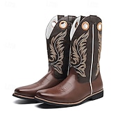 levne Cowboy &amp; Western Boots-Pánské kovbojské boty z vyšívané imitace kůže – klasické westernové jezdecké boty s prošívaným designem pro outdoor, country tanec a běžné nošení