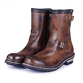 abordables Botas de cuero de primera calidad-Botas de cuero marrón de media pantorrilla para hombre: calzado retro de motociclismo de piel de vaca auténtica con correa de hebilla para estilo motero y uso informal al aire libre.