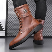 Czarne, skórzane, sznurowane, męskie buty bojowe z okrągłym metalowym logo, grubą podeszwą i wojskowym stylem – idealne dla motocyklistów Harley'a, miłośników mody punkrockowej, osób lubiących swobodne chodzenie na świeżym powietrzu i do codziennego użytk tanie Buty bojowe-Czarne, skórzane, sznurowane, męskie buty bojowe z okrągłym metalowym logo, grubą podeszwą i wojskowym stylem – idealne dla motocyklistów Harley'a, miłośników mody punkrockowej, osób lubiących swobodne chodzenie na świeżym powietrzu i do codziennego użytk