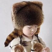 お買い得  暖房と冷房-冬用のかわいいアライグマのぬいぐるみ帽子、耳あて付きの暖かいトラッパーハット、子供と大人用のフェイクアライグマの毛皮のウシャンカアビエイターハット