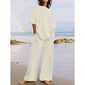 abordables Conjuntos-Conjuntos de pantalones de lino para mujer, 15% lino, básicos, color liso, bolsillo, cintura elástica, camiseta, pantalón, uso diario, calle, manga larga, cuello redondo, azul, negro, blanco, azul marino, marrón claro, verano, primavera