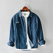 preiswerte Jeanshemden für Herren-Herren Hemd Sommerhemd Freizeithemd Strandhemd Knopfhemd Schwarz Blau Langarm Gestreift Revers Urlaub Hawaiianisch Tasche Bekleidung Polyester Mode Lässig Bequem