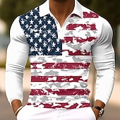 preiswerte Patriotische 250 Polos-4. Juli 2026 250. Herren Amerikanische US-Flagge Polo Langarm Polo-Shirts Revers Lässig Outdoor Straße Alltagskleidung 3D-Druck Knöpfe Frühling Herbst Winter Blau