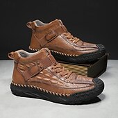 baratos Botas de cano curto-Botas masculinas de couro sintético genuíno marrom para caminhadas ao ar livre com sola antiderrapante – calçado casual para viagem e aventura