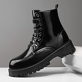 abordables Botas de combate-Botas con cordones para hombre de piel negra brillante con suela gruesa: imprescindibles para motociclistas, entusiastas del rock, estilo urbano informal y moda actual.