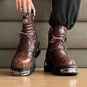 economico Stivali da motociclista-stivali da motociclista punk con lacci, fibbie e dettagli in metallo, con plateau e fiamme gotiche marroni da uomo per feste di Halloween, cosplay horror e festival a tema