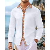 preiswerte Herrenhemd zum Knöpfen-Herren Hemd Sommerhemd Freizeithemd Strandhemd Knopfhemd Schwarz Weiß Marineblau Kaki Leicht Blau Langarm Argyle Revers Urlaub Hawaiianisch Patchwork Bekleidung Leinen Mode Lässig Bequem