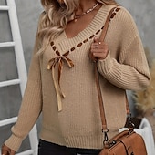 preiswerte Einfarbige Farben-Damen Pullover Mode Weich Einfarbig Gerippt V Ausschnitt Gestrickt Langarm Normale Oberteile Stricken Täglich Ferien Ausgehen Khaki Herbst Winter