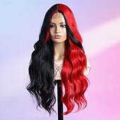 baratos Perucas Sintéticas com Renda-Peruca sintética Ondulado Estilo 28 polegada Multi Cores Parte do meio Parte U Peruca Mulheres Peruca Preto / Vermelho