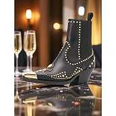 ゴールドのスタッズとメタルトゥが付いたレディースのブラックレザーウエスタンアンクルブーツ - ファッションストリートウェアやパーティーに最適なカウボーイスタイルのチャンキーヒールブーツ お買い得  チェルシーブーツ-ゴールドのスタッズとメタルトゥが付いたレディースのブラックレザーウエスタンアンクルブーツ - ファッションストリートウェアやパーティーに最適なカウボーイスタイルのチャンキーヒールブーツ