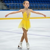 preiswerte Eiskunstlaufkleider-Eiskunstlaufkleid Damen Mädchen Eislaufen Kleider Austattungen Schwarz Weiß Gelb Rückenfrei Gitter Spandex Hochelastisch Professionell Wettbewerb Eiskunstlaufkleidung Kristalle Ärmellos Eislaufen