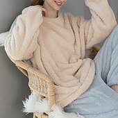 billiga Loungewear till damer-Dam Pyjamas Vardagsklädsel Ledigt Lappverk Ren färg Lappverk Semester Hem Säng Långärmad Rund hals Blå Beige Höst Vinter Skräddarsydd passform