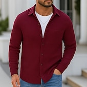 economico camicia da uomo con bottoni-Per uomo Camicia Camicia a nido d&#039;ape Camicia Estiva Camicia casual Camicia con Bottoni Nero Borgogna Blu Verde Kaki Manica Lunga Semplice Testurizzato Bavero Vacanza Casuale Tasca Abbigliamento Moda