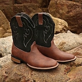 Men's Classic Cowboy Boots – Two-Toned Brown and Black Faux Leather with Distinct Stitching, Timeless Western Design for Casual Wear, Outdoor Adventures and Rodeo Events cheap Cowboy & Western Boots-Men's Classic Cowboy Boots – Two-Toned Brown and Black Faux Leather with Distinct Stitching, Timeless Western Design for Casual Wear, Outdoor Adventures and Rodeo Events