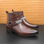 levne Dámské boty-Pánské hnědé chelsea boty z umělé kůže s řetízkovým akcentem, elegantní a moderní vzhled pro formální kancelářské oblečení, večírky a večerní vycházky.