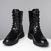 Czarne, skórzane, sznurowane, męskie buty bojowe z okrągłym metalowym logo, grubą podeszwą i wojskowym stylem – idealne dla motocyklistów Harley'a, miłośników mody punkrockowej, osób lubiących swobodne chodzenie na świeżym powietrzu i do codziennego użytk tanie Buty bojowe-Czarne, skórzane, sznurowane, męskie buty bojowe z okrągłym metalowym logo, grubą podeszwą i wojskowym stylem – idealne dla motocyklistów Harley'a, miłośników mody punkrockowej, osób lubiących swobodne chodzenie na świeżym powietrzu i do codziennego użytk