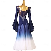 Недорогие Соревновательная одежда-Женское платье для бальных танцев синего цвета с эффектом омбре, стразами, рукавами-колокольчиками и расклешенной юбкой – идеально подходит для латиноамериканских танцев, танго и выступлений.