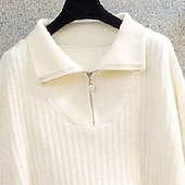 preiswerte Einfarbige Farben-Damen Pullover Mode Basic Lässig Einfarbig Gerippt Halber Reißverschluss Reißverschluss Gestrickt Langarm Normale Oberteile Stricken Outdoor Täglich Wochenende Beige Herbst Winter