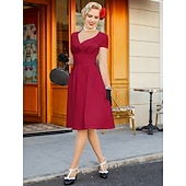 abordables Dresses-1950s Retro Vintage Midi Dress Swing Dress Flare Dress Solid Color Fit &amp; Flare V Neck Fancy Dress Women's Halloween Carnival Valentine's Day Casual Homecoming Retro Theme Party Adults' Dress Spring