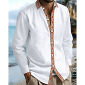 preiswerte Herrenhemd zum Knöpfen-Herren Hemd Sommerhemd Freizeithemd Strandhemd Knopfhemd Schwarz Weiß Marineblau Kaki Leicht Blau Langarm Argyle Revers Urlaub Hawaiianisch Patchwork Bekleidung Leinen Mode Lässig Bequem