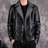 cheap Faux Leather Jackets-Men's Faux Leather Jacket Fleece Jacket Biker Jacket Motorcycle Jacket Daily Vacation Windproof Warm Pocket Fall Winter Plain Fashion Classic Lapel Regular Faux Leather Black Wine Jacket