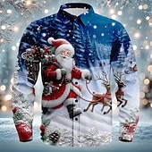billiga Jultomtens outfit-Jul Herr jultomten Ren Julkostym Skjorta Knapp upp skjorta Långärmad Rolig Utomhus Helgdag Vår Höst Nedvikt 3D-utskrift Linne som skjorta Vit 1 Blå 2# Blå 1# Vit Vit 2