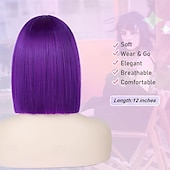 tanie Peruki imprezowe-Fioletowa peruka typu bob z grzywką, krótka, prosta, ciemnofioletowa peruka typu bob dla kobiet, do ramion, syntetyczna, odporna na ciepło, z płaską grzywką, na co dzień, na imprezę, cosplay,