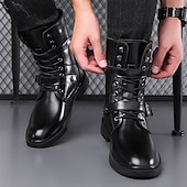 tanie Buty bojowe-czarne, męskie, sznurowane buty bojowe ze sztucznej skóry z wytrzymałą podeszwą, masywnym designem i wojskowym stylem – idealne dla motocyklistów, miłośników mody punkrockowej i osób lubiących swobodny wypoczynek