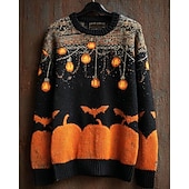 Men's Pullover Sweater Jumper Knit Sweater Ribbed Knit Regular Tops Knitted Print Pumpkin Crew Neck Vintage Halloween Vacation Daily Wear Clothing Apparel Drop Shoulder Fall Winter Pumpkin S M L4