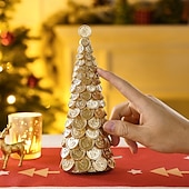 abordables Figurines de collection-Décoration de table pour sapin de Noël, motif pomme de pin dorée, dollar et bitcoin, mini statue de sapin de Noël en résine pour décoration intérieure de vacances, vitrine, cadeau