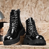 abordables Botas de combate-Botas con cordones para hombre de piel negra brillante con suela gruesa: imprescindibles para motociclistas, entusiastas del rock, estilo urbano informal y moda actual.