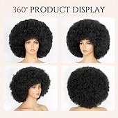 Недорогие Исторические парики-Парик афро 70-х годов для женщин, натуральный черный, короткий, кудрявый, афро, бесклеевой, синтетический, с челкой, пышный &amp;пушистый упругий афро-парик для ежедневной косплей-вечеринки